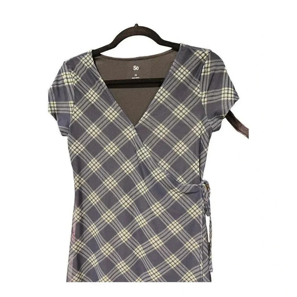 SO Juniors Womens Navy Green Plaid Short Sleeve Faux Wrap Mini Dress Sz Small - Picture 2 of 5